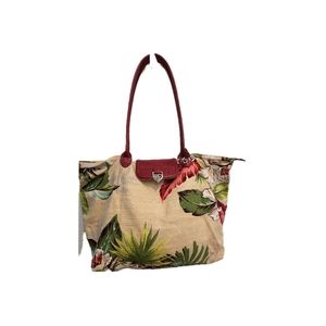 BRIGHTON Foldable Tropical print zippered bag with faux red leather trim